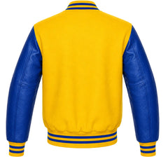 Yellow melton wool varsity jacket with royal blue leather sleeves, front view