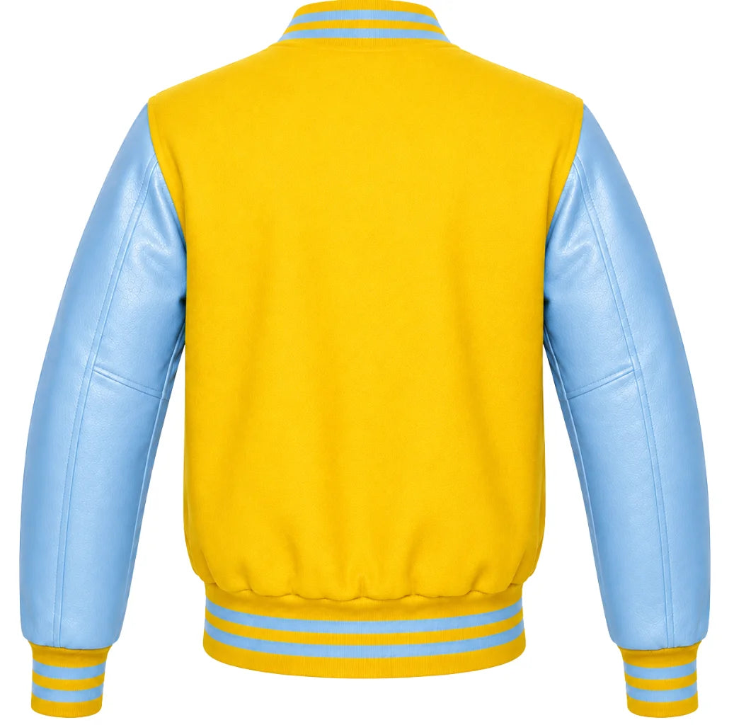 Yellow wool varsity jacket with sky blue cowhide sleeves, back view
