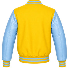 Yellow wool varsity jacket with sky blue cowhide sleeves, back view