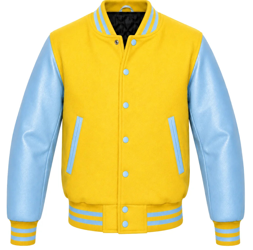 Yellow melton wool varsity jacket with sky blue leather sleeves, front view