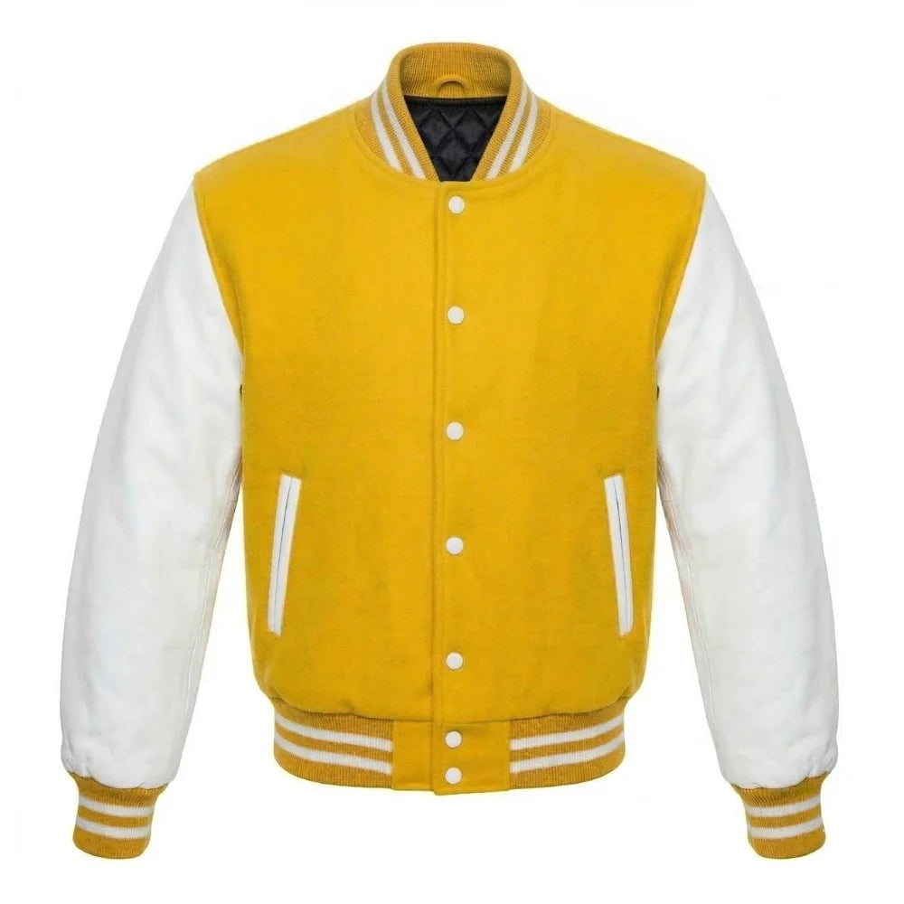 Yellow and White Varsity Jacket with Wool Body and Leather Sleeves