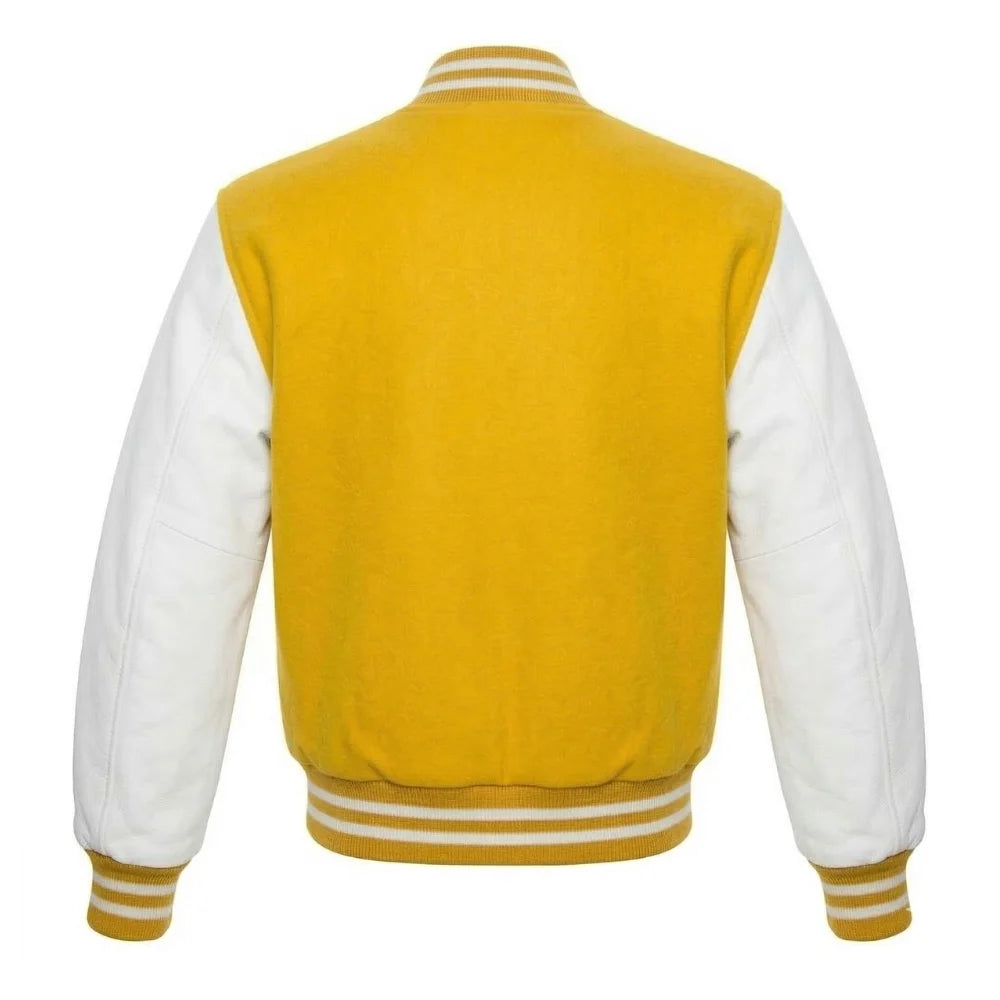 Yellow and White Varsity Jacket with Wool Body and Leather Sleeves Back Side