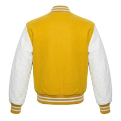 Yellow and White Varsity Jacket with Wool Body and Leather Sleeves Back Side