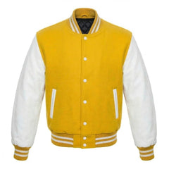 Yellow and White Varsity Jacket with Wool Body and Leather Sleeves