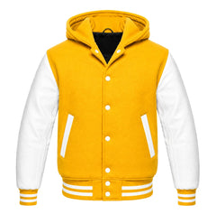 Yellow and White Varsity Jacket with Hood